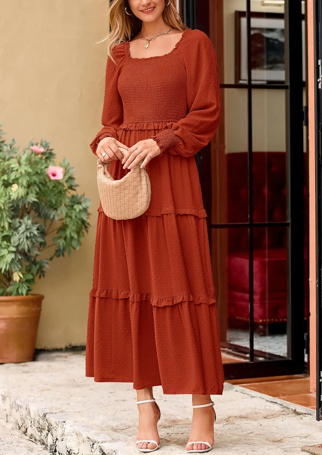 PRETTYGARDEN Women's Spring Long Sleeve Smocked Maxi Dress Casual Square Neck Swiss Dot Tiered Ruffle Flowy Pocket Dresses