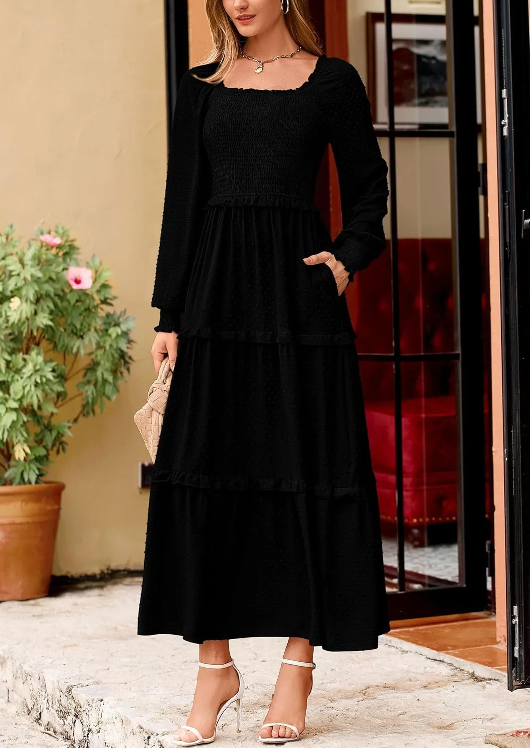 PRETTYGARDEN Women's Spring Long Sleeve Smocked Maxi Dress Casual Square Neck Swiss Dot Tiered Ruffle Flowy Pocket Dresses
