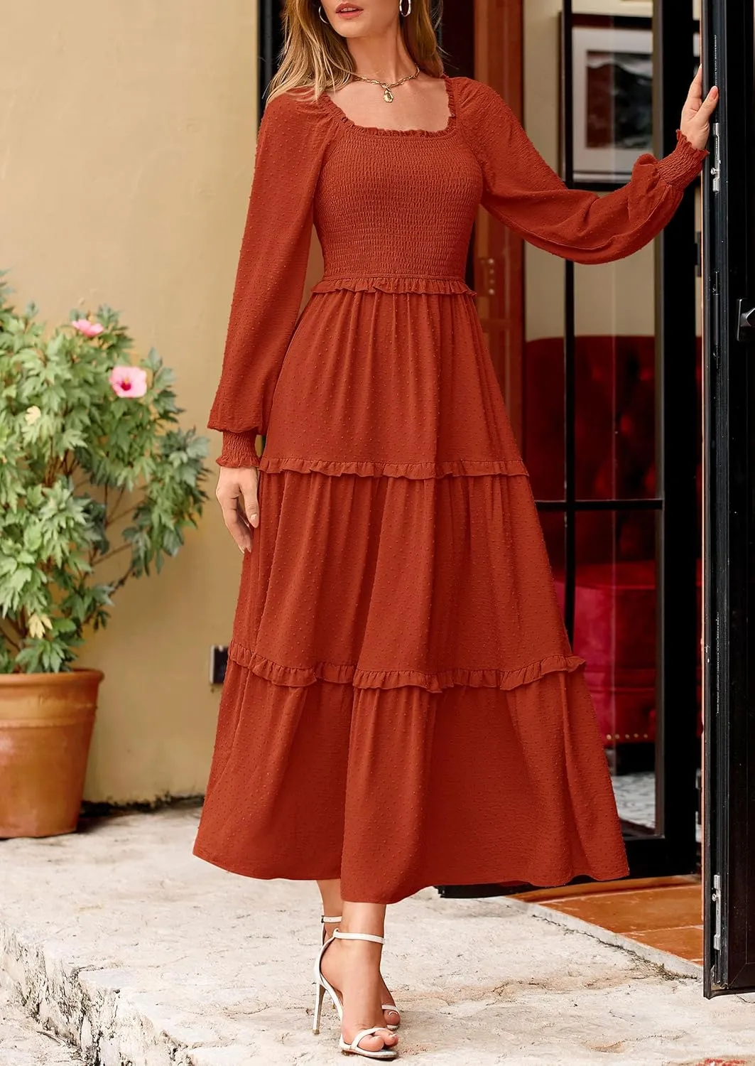 PRETTYGARDEN Women's Spring Long Sleeve Smocked Maxi Dress Casual Square Neck Swiss Dot Tiered Ruffle Flowy Pocket Dresses