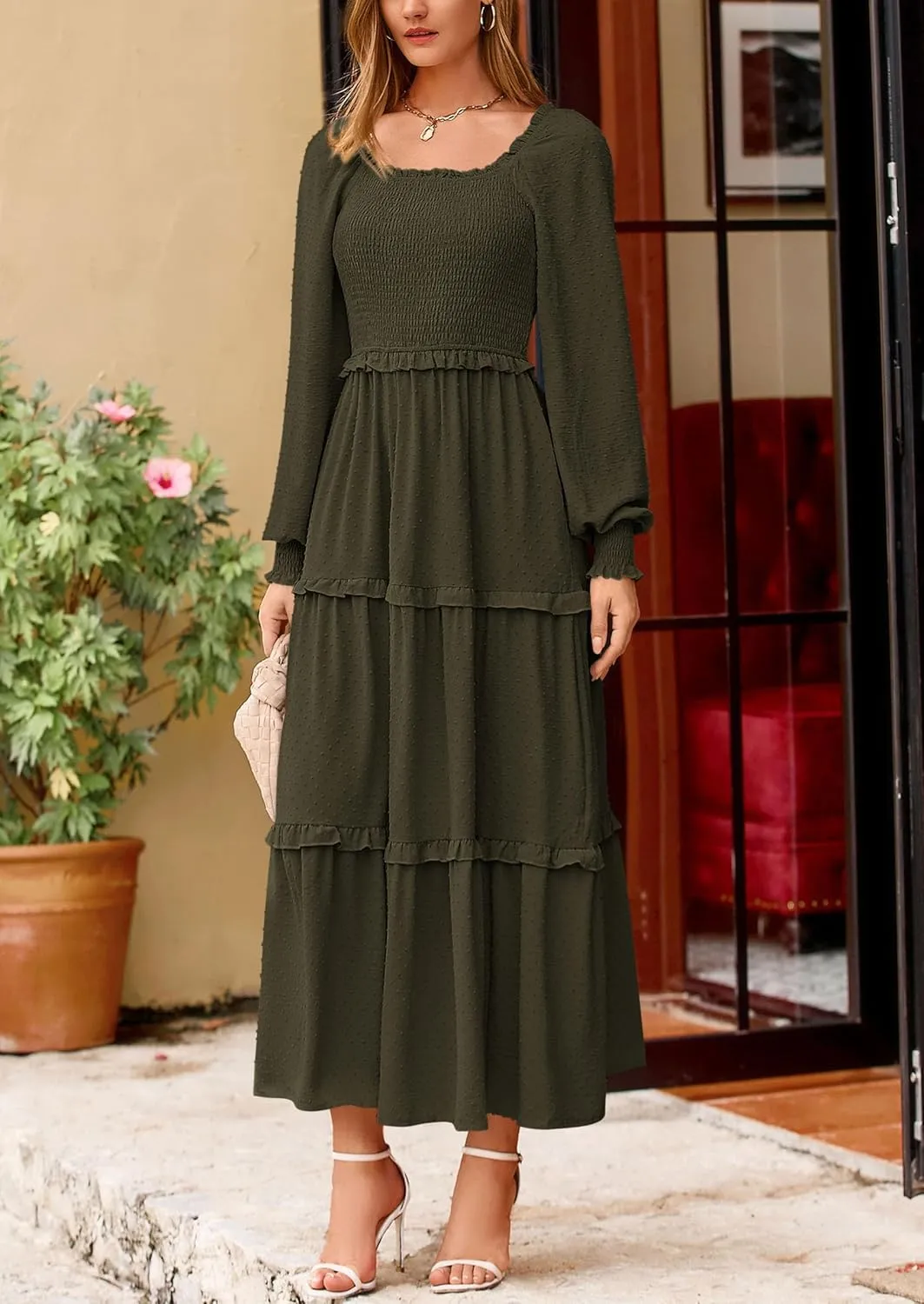 PRETTYGARDEN Women's Spring Long Sleeve Smocked Maxi Dress Casual Square Neck Swiss Dot Tiered Ruffle Flowy Pocket Dresses