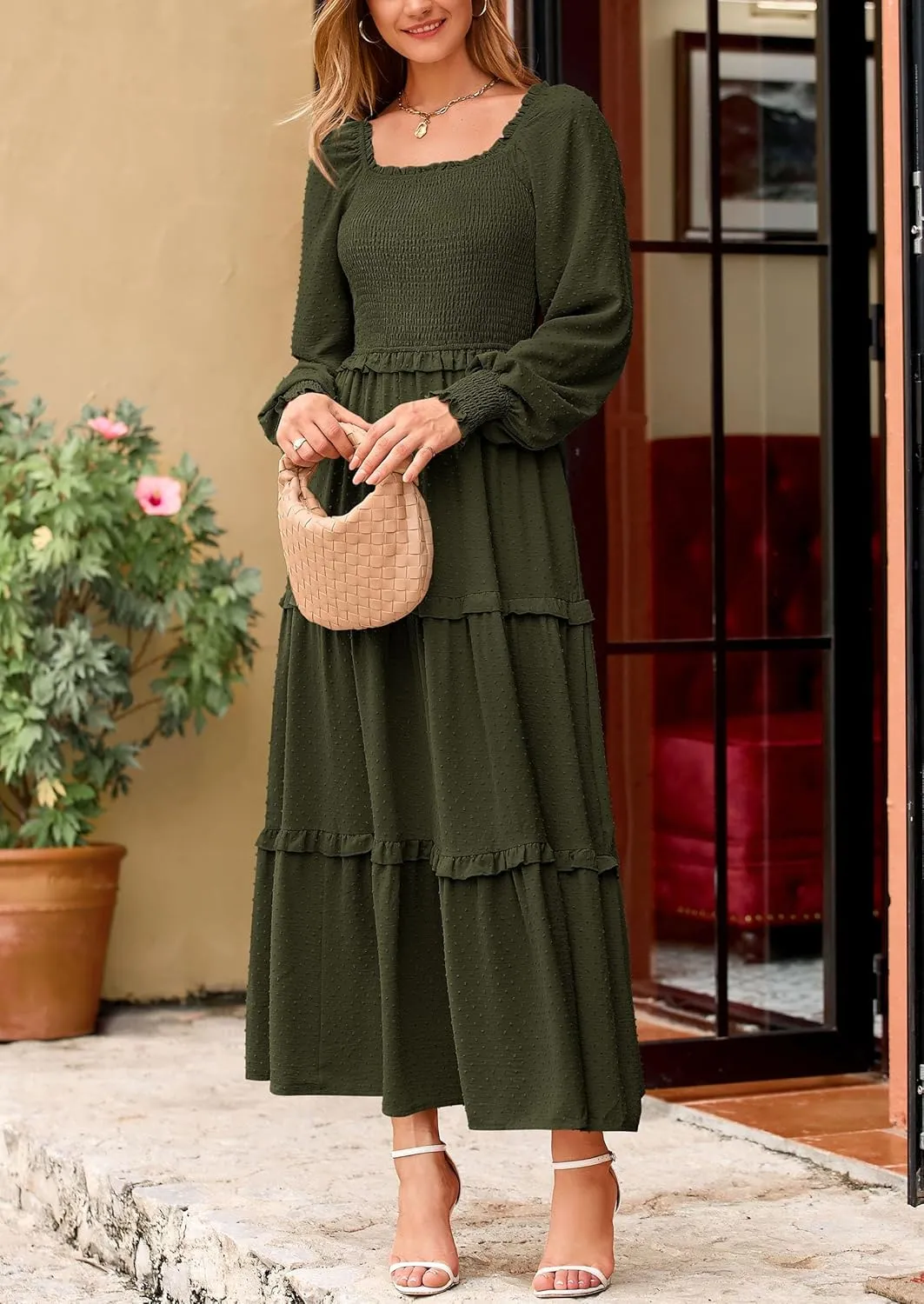PRETTYGARDEN Women's Spring Long Sleeve Smocked Maxi Dress Casual Square Neck Swiss Dot Tiered Ruffle Flowy Pocket Dresses