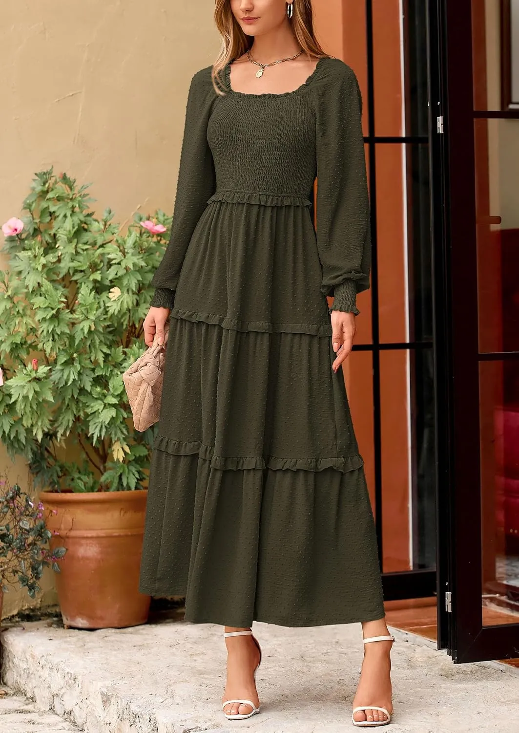 PRETTYGARDEN Women's Spring Long Sleeve Smocked Maxi Dress Casual Square Neck Swiss Dot Tiered Ruffle Flowy Pocket Dresses