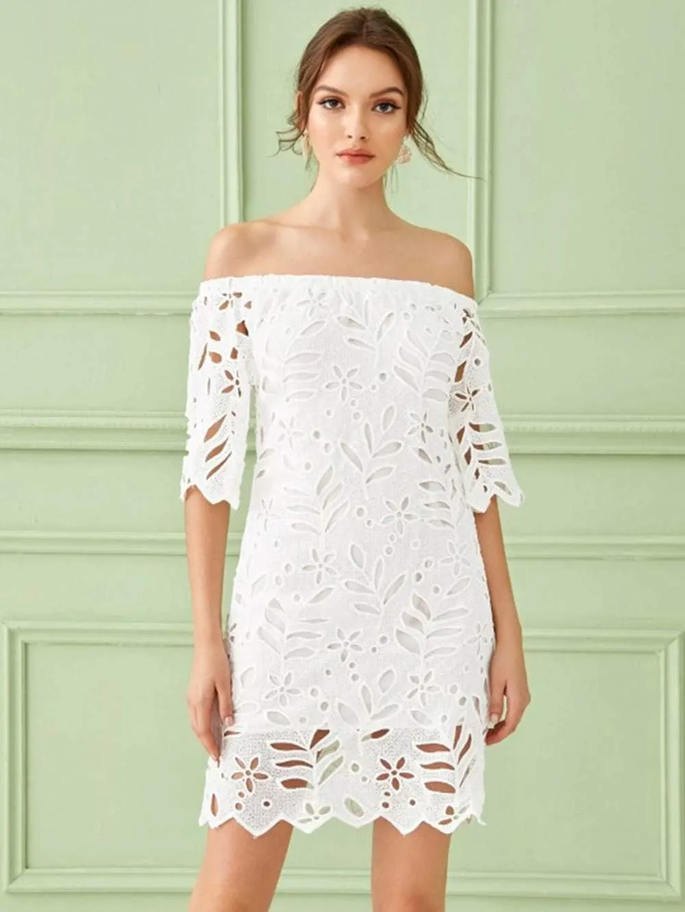 PRETTYGARDEN Women's Summer Off Shoulder Dresses Floral Lace Flare Short Sleeve Spring Vintage Elegant Mini Dress