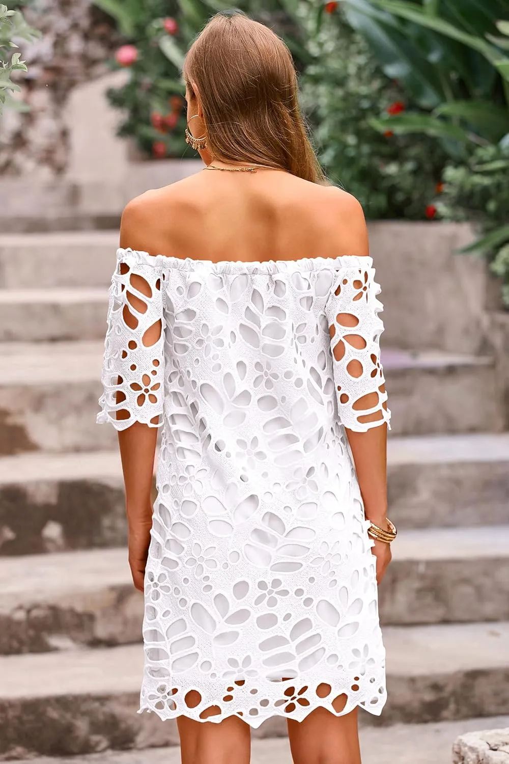 PRETTYGARDEN Women's Summer Off Shoulder Dresses Floral Lace Flare Short Sleeve Spring Vintage Elegant Mini Dress