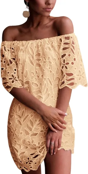 PRETTYGARDEN Women's Summer Off Shoulder Dresses Floral Lace Flare Short Sleeve Spring Vintage Elegant Mini Dress