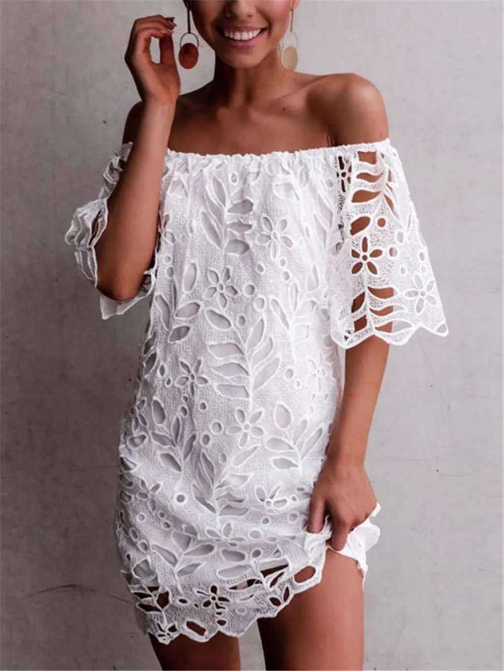 PRETTYGARDEN Women's Summer Off Shoulder Dresses Floral Lace Flare Short Sleeve Spring Vintage Elegant Mini Dress