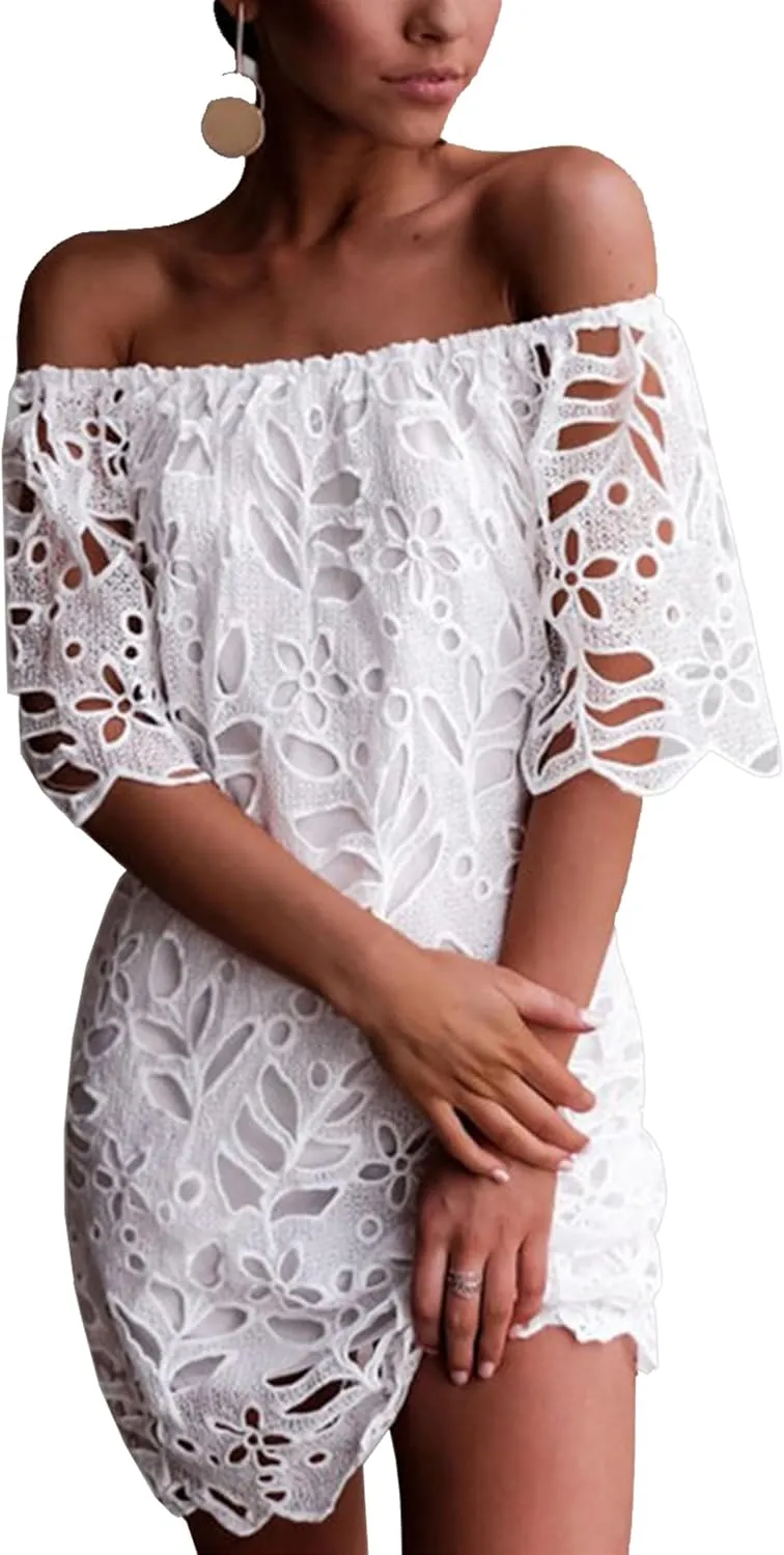 PRETTYGARDEN Women's Summer Off Shoulder Dresses Floral Lace Flare Short Sleeve Spring Vintage Elegant Mini Dress