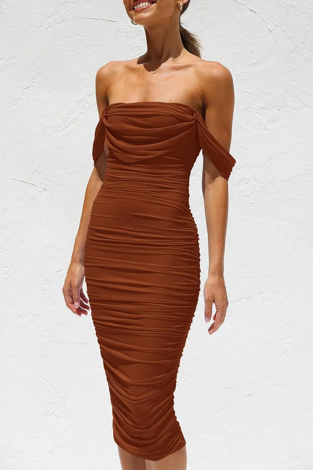 PRETTYGARDEN Women's Summer Off The Shoulder Dresses Sleeveless Ruched Fitted Cocktail Party Club Midi Bodycon Dress