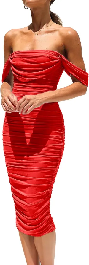 PRETTYGARDEN Women's Summer Off The Shoulder Dresses Sleeveless Ruched Fitted Cocktail Party Club Midi Bodycon Dress