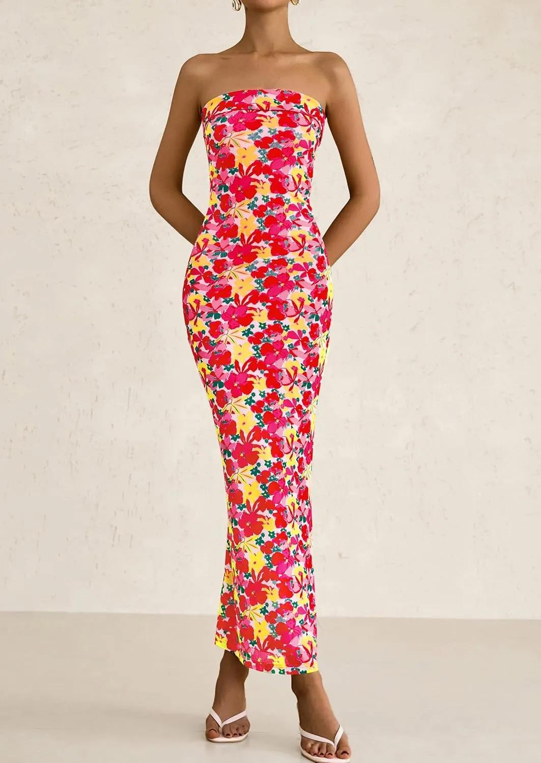 PRETTYGARDEN Womens Summer Printed Tube Maxi Dress Strapless Bodycon Sleeveless Night Out Long Dresses