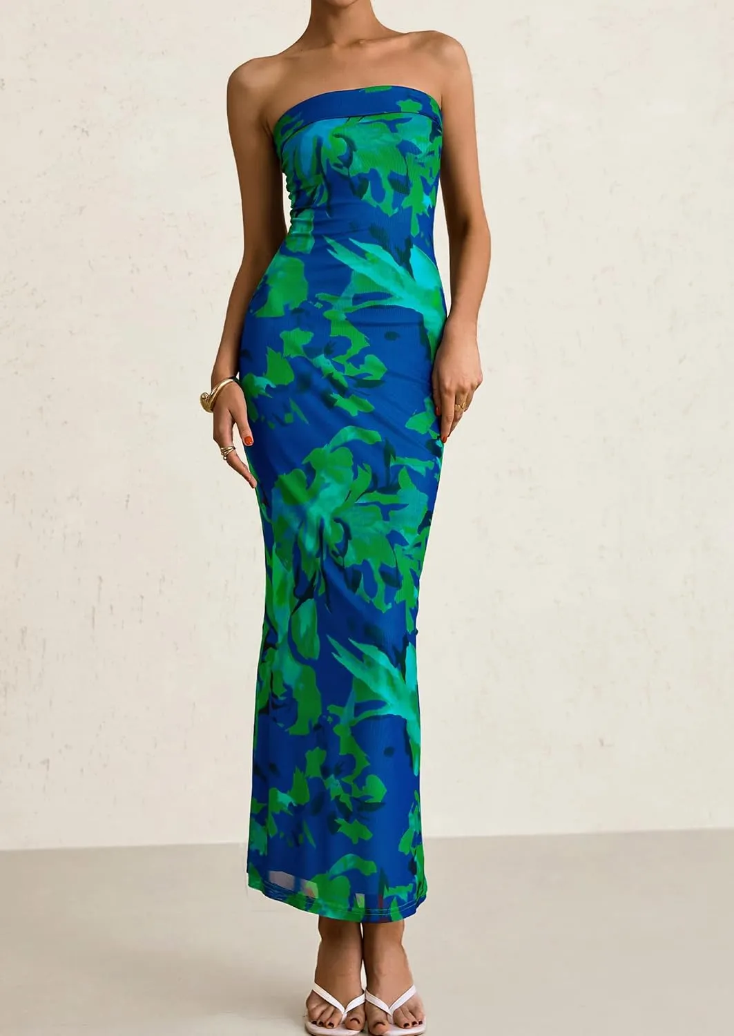 PRETTYGARDEN Womens Summer Printed Tube Maxi Dress Strapless Bodycon Sleeveless Night Out Long Dresses