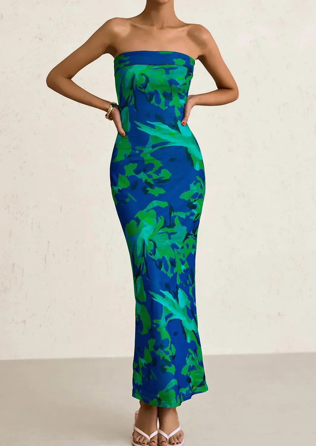 PRETTYGARDEN Womens Summer Printed Tube Maxi Dress Strapless Bodycon Sleeveless Night Out Long Dresses