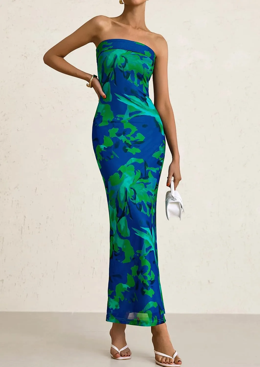 PRETTYGARDEN Womens Summer Printed Tube Maxi Dress Strapless Bodycon Sleeveless Night Out Long Dresses
