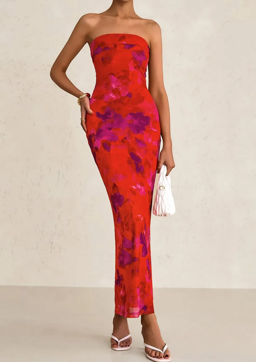 PRETTYGARDEN Womens Summer Printed Tube Maxi Dress Strapless Bodycon Sleeveless Night Out Long Dresses