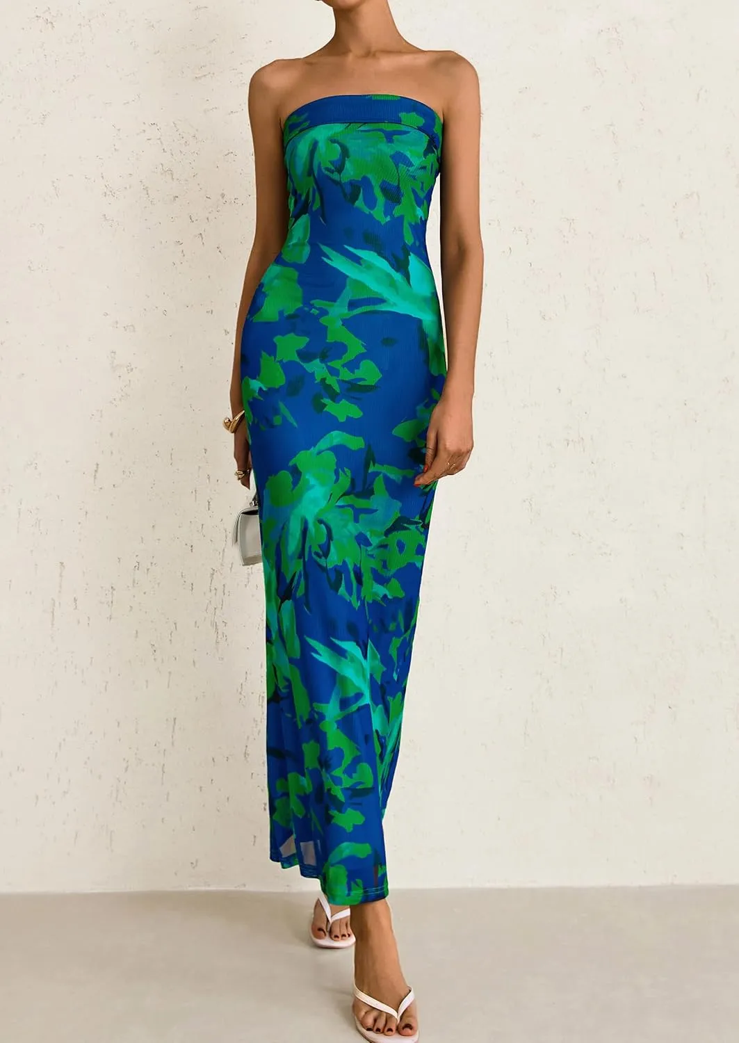 PRETTYGARDEN Womens Summer Printed Tube Maxi Dress Strapless Bodycon Sleeveless Night Out Long Dresses