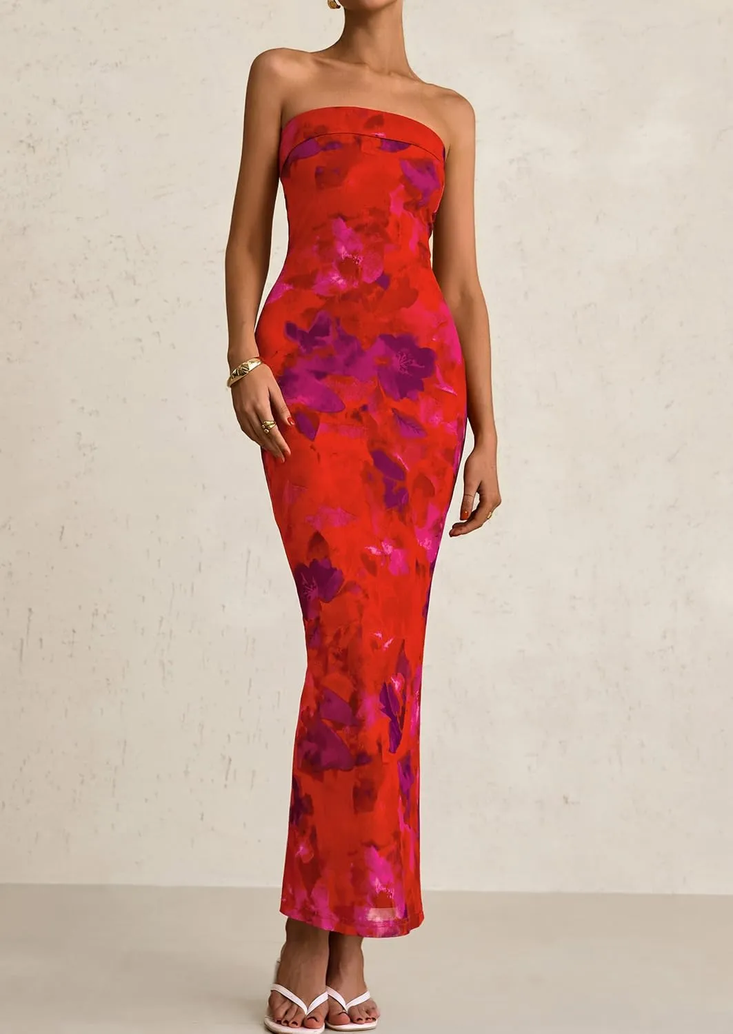 PRETTYGARDEN Womens Summer Printed Tube Maxi Dress Strapless Bodycon Sleeveless Night Out Long Dresses