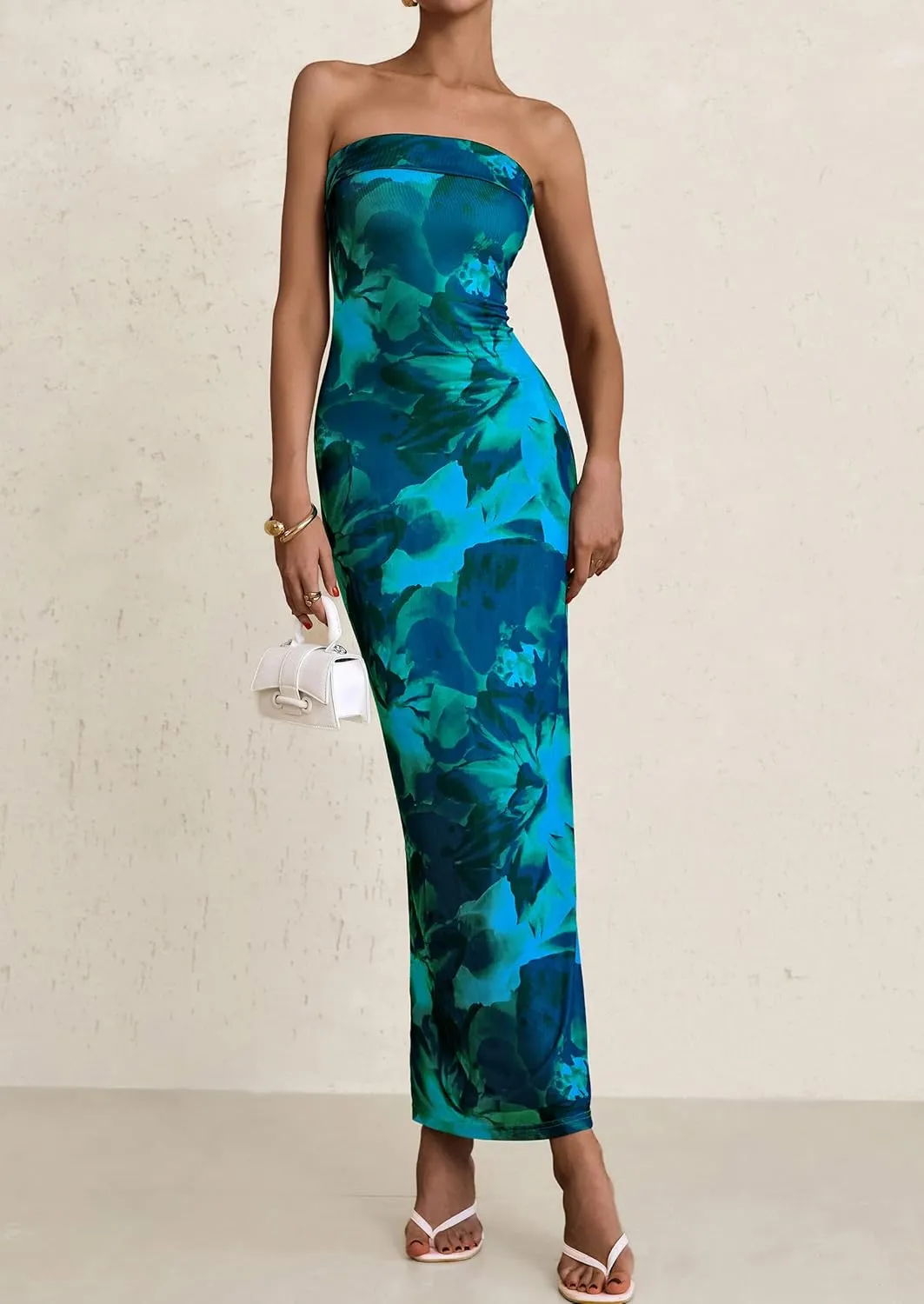 PRETTYGARDEN Womens Summer Printed Tube Maxi Dress Strapless Bodycon Sleeveless Night Out Long Dresses