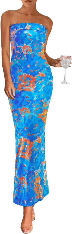 PRETTYGARDEN Womens Summer Printed Tube Maxi Dress Strapless Bodycon Sleeveless Night Out Long Dresses