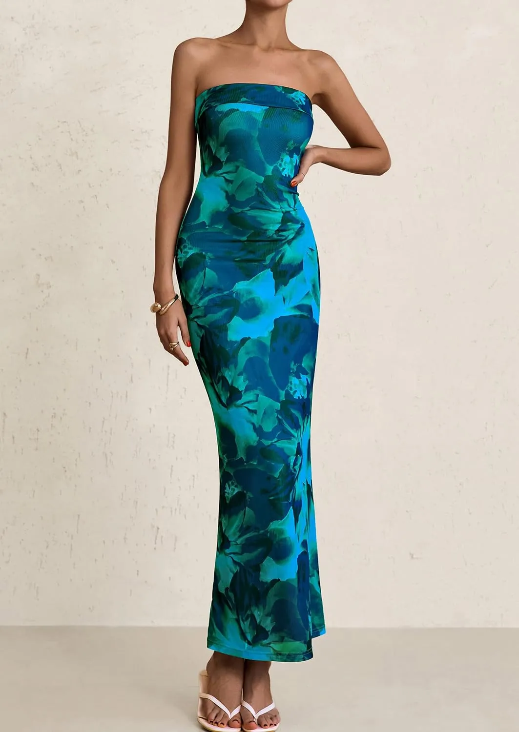 PRETTYGARDEN Womens Summer Printed Tube Maxi Dress Strapless Bodycon Sleeveless Night Out Long Dresses