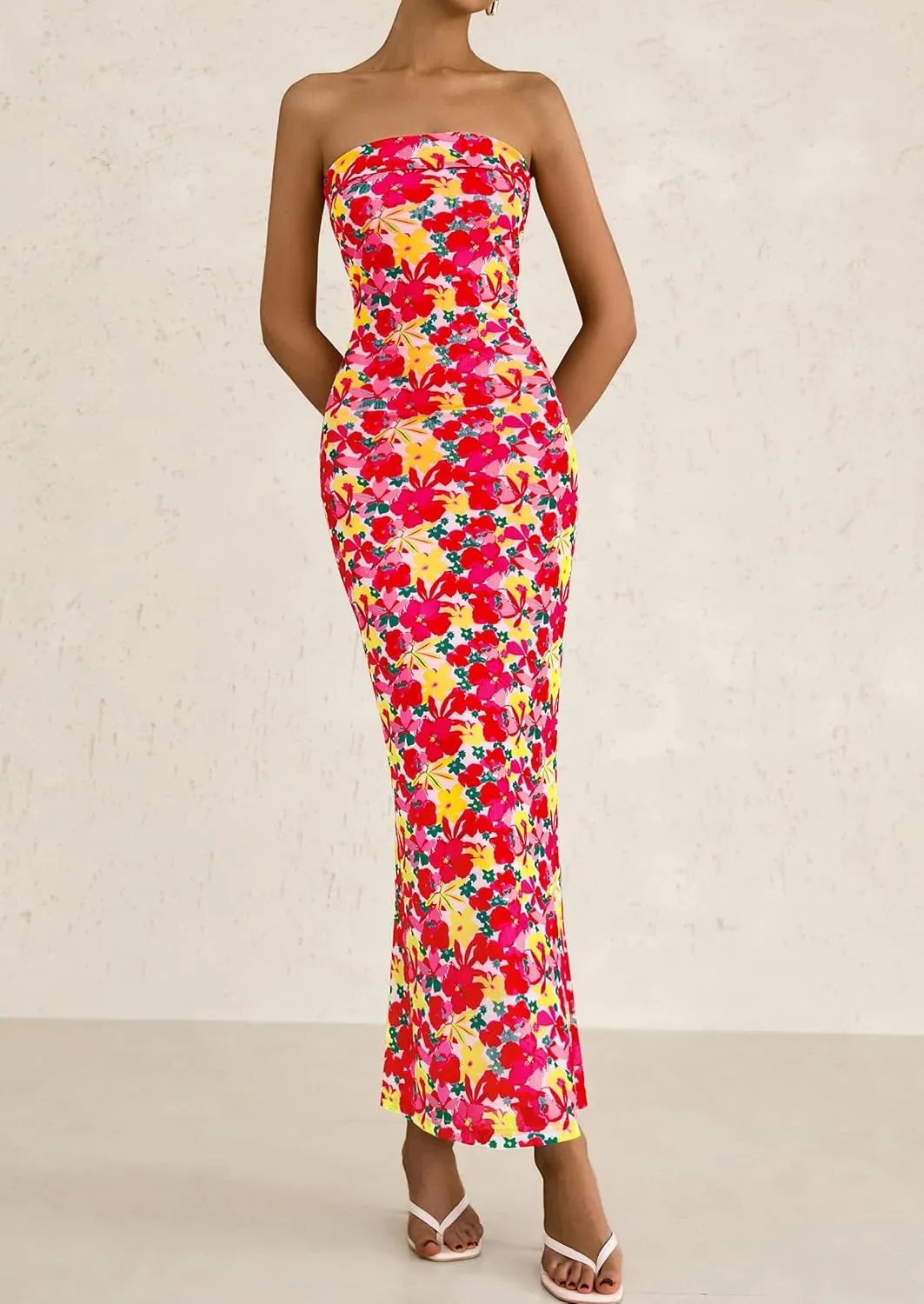 PRETTYGARDEN Womens Summer Printed Tube Maxi Dress Strapless Bodycon Sleeveless Night Out Long Dresses