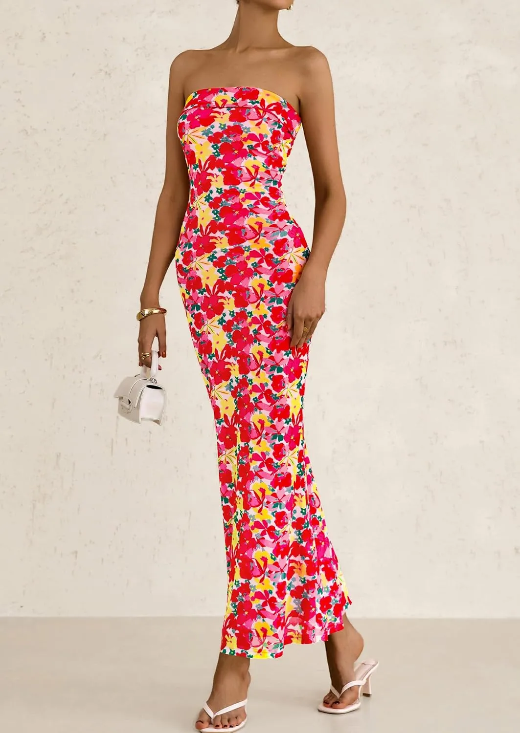 PRETTYGARDEN Womens Summer Printed Tube Maxi Dress Strapless Bodycon Sleeveless Night Out Long Dresses
