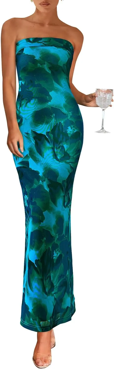 PRETTYGARDEN Womens Summer Printed Tube Maxi Dress Strapless Bodycon Sleeveless Night Out Long Dresses