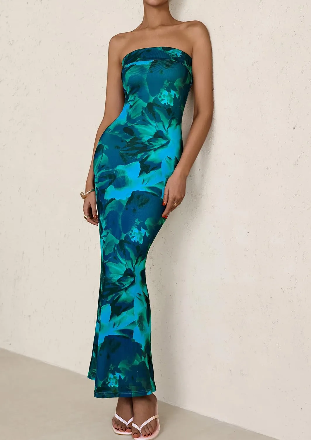 PRETTYGARDEN Womens Summer Printed Tube Maxi Dress Strapless Bodycon Sleeveless Night Out Long Dresses