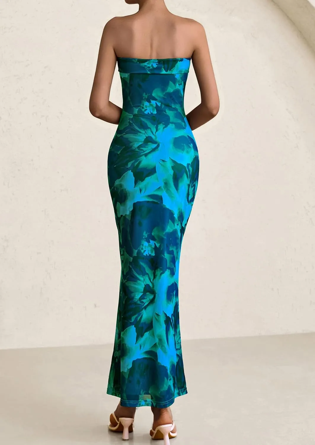 PRETTYGARDEN Womens Summer Printed Tube Maxi Dress Strapless Bodycon Sleeveless Night Out Long Dresses