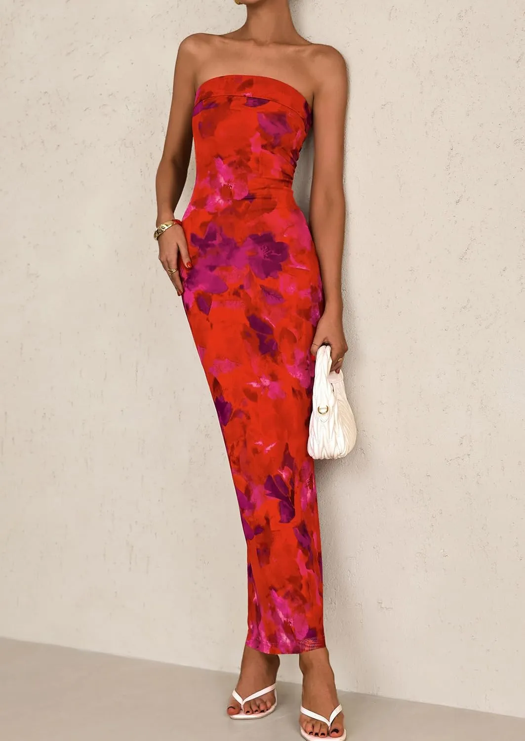 PRETTYGARDEN Womens Summer Printed Tube Maxi Dress Strapless Bodycon Sleeveless Night Out Long Dresses