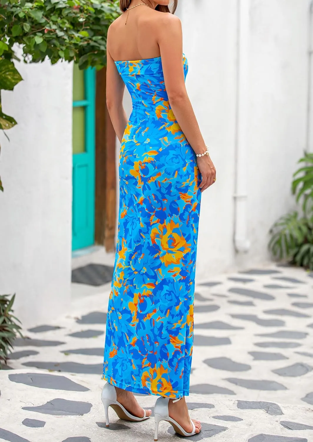PRETTYGARDEN Womens Summer Printed Tube Maxi Dress Strapless Bodycon Sleeveless Night Out Long Dresses