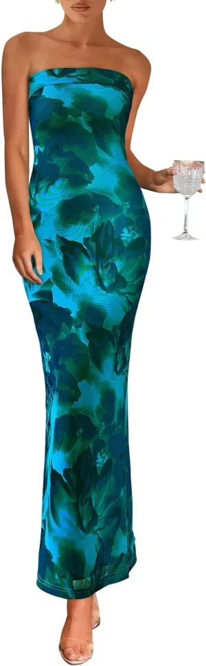 PRETTYGARDEN Womens Summer Printed Tube Maxi Dress Strapless Bodycon Sleeveless Night Out Long Dresses