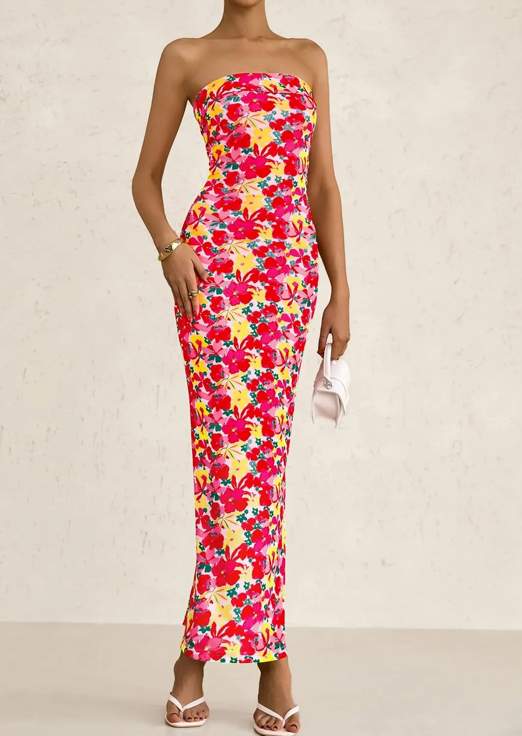 PRETTYGARDEN Womens Summer Printed Tube Maxi Dress Strapless Bodycon Sleeveless Night Out Long Dresses