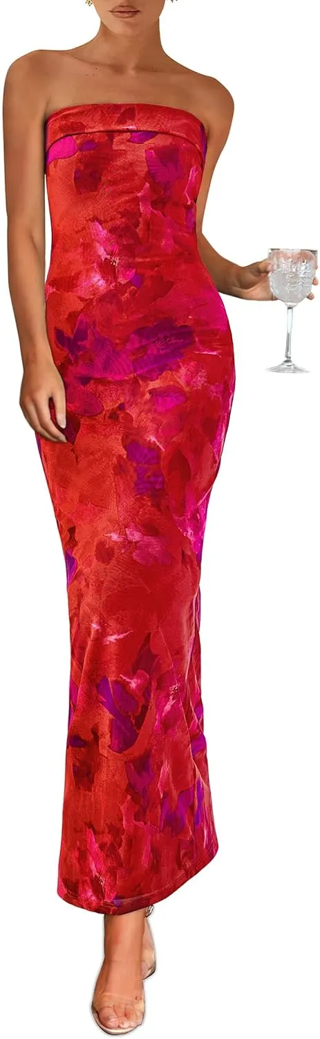 PRETTYGARDEN Womens Summer Printed Tube Maxi Dress Strapless Bodycon Sleeveless Night Out Long Dresses