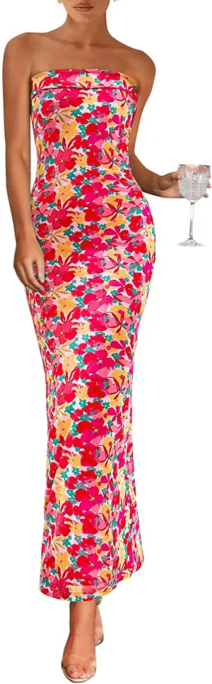 PRETTYGARDEN Womens Summer Printed Tube Maxi Dress Strapless Bodycon Sleeveless Night Out Long Dresses
