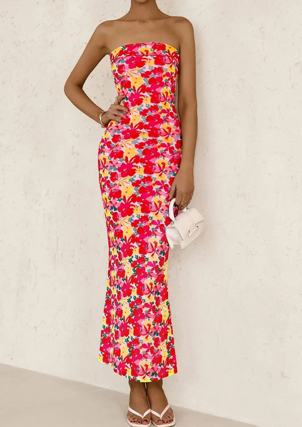 PRETTYGARDEN Womens Summer Printed Tube Maxi Dress Strapless Bodycon Sleeveless Night Out Long Dresses