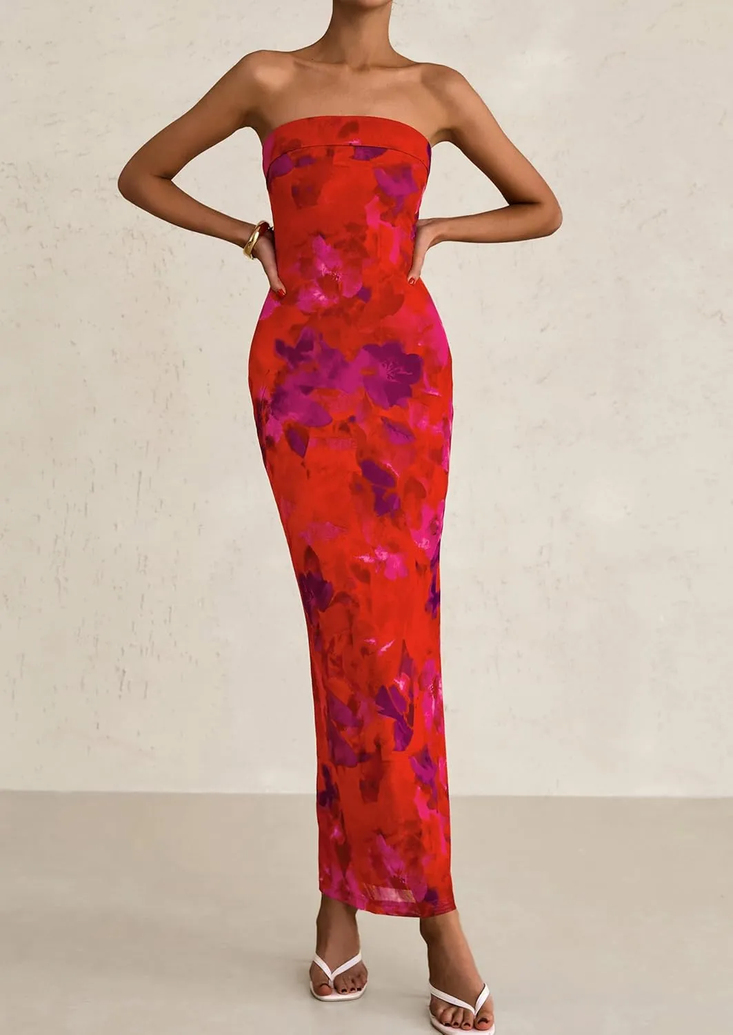 PRETTYGARDEN Womens Summer Printed Tube Maxi Dress Strapless Bodycon Sleeveless Night Out Long Dresses