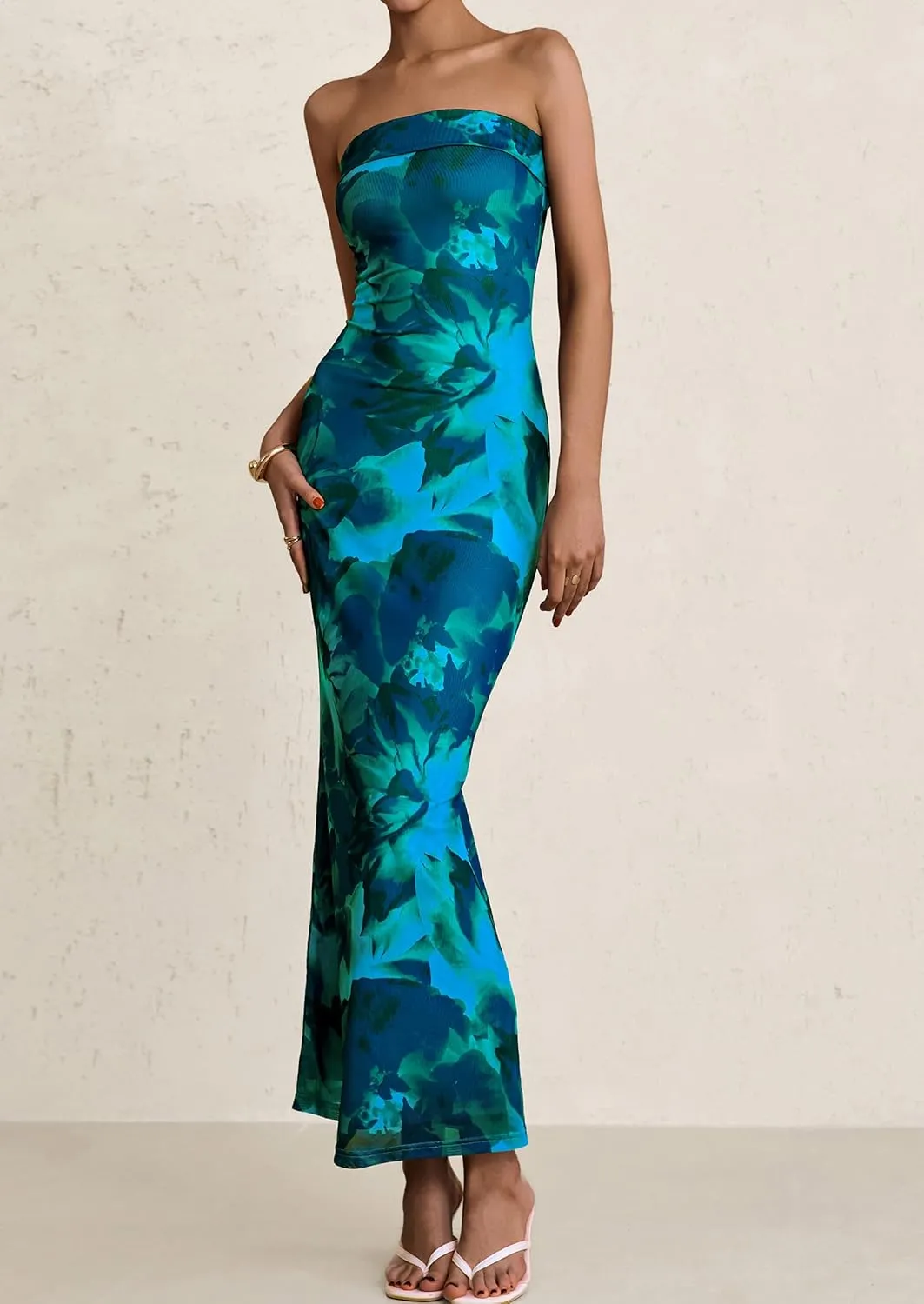 PRETTYGARDEN Womens Summer Printed Tube Maxi Dress Strapless Bodycon Sleeveless Night Out Long Dresses