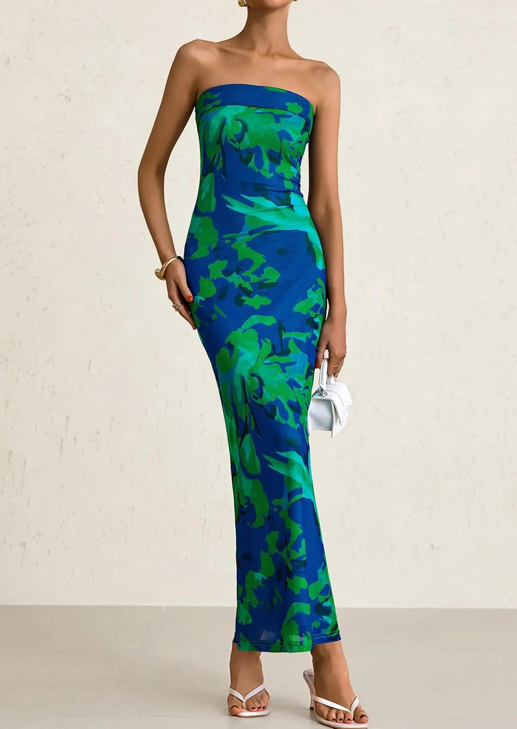 PRETTYGARDEN Womens Summer Printed Tube Maxi Dress Strapless Bodycon Sleeveless Night Out Long Dresses