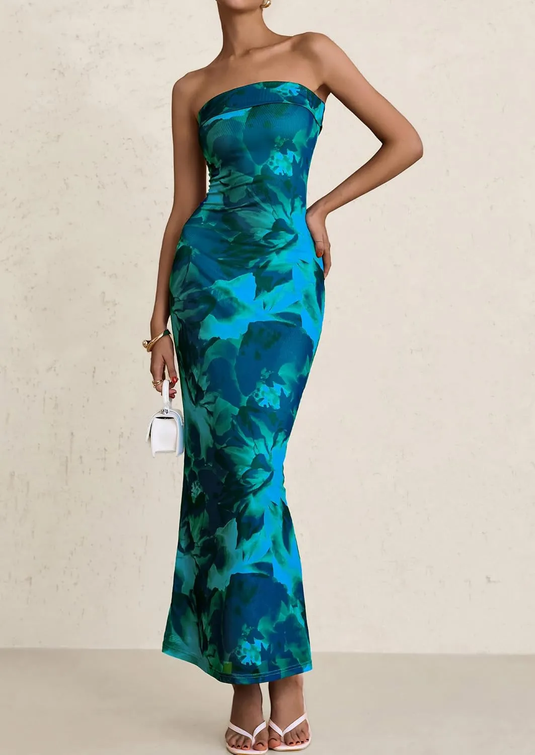 PRETTYGARDEN Womens Summer Printed Tube Maxi Dress Strapless Bodycon Sleeveless Night Out Long Dresses