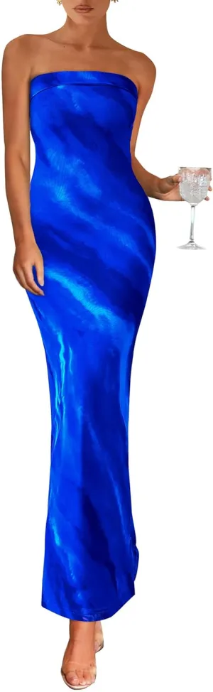 PRETTYGARDEN Womens Summer Printed Tube Maxi Dress Strapless Bodycon Sleeveless Night Out Long Dresses