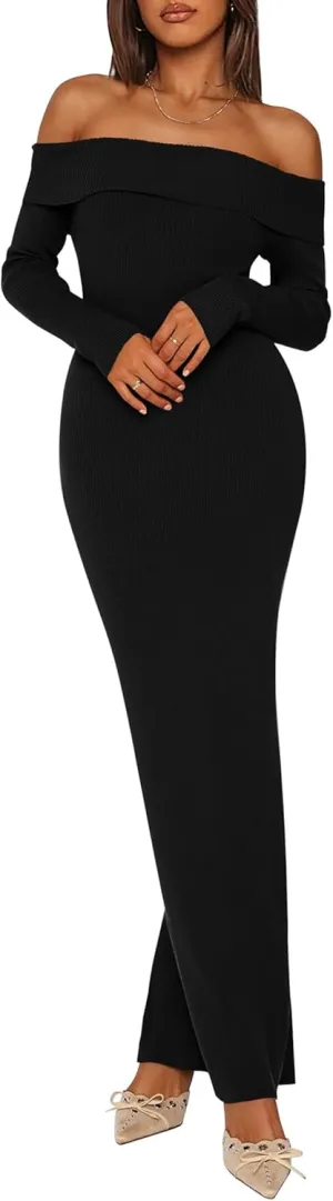 PRETTYGARDEN Women's Winter Sweater Dress Long Sleeve Off Shoulder Slit Maxi Bodycon Cocktail Party Dresses