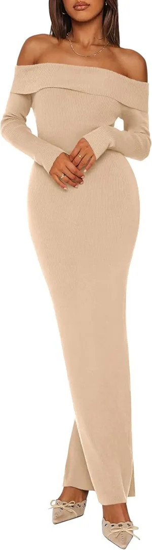 PRETTYGARDEN Women's Winter Sweater Dress Long Sleeve Off Shoulder Slit Maxi Bodycon Cocktail Party Dresses
