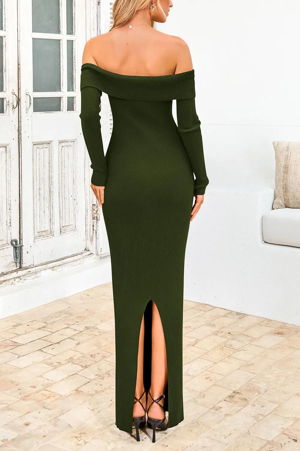 PRETTYGARDEN Women's Winter Sweater Dress Long Sleeve Off Shoulder Slit Maxi Bodycon Cocktail Party Dresses