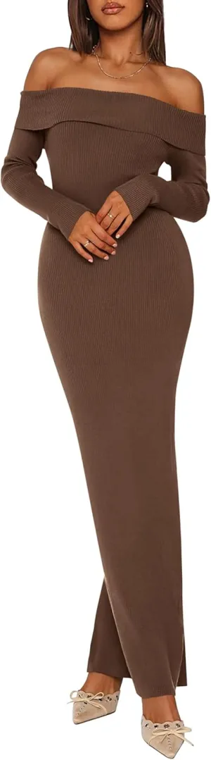 PRETTYGARDEN Women's Winter Sweater Dress Long Sleeve Off Shoulder Slit Maxi Bodycon Cocktail Party Dresses