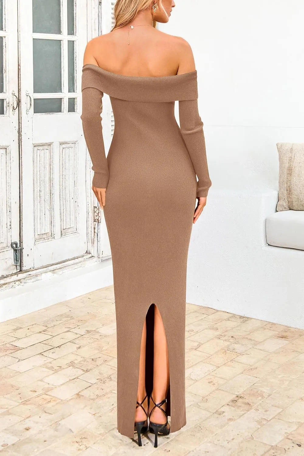 PRETTYGARDEN Women's Winter Sweater Dress Long Sleeve Off Shoulder Slit Maxi Bodycon Cocktail Party Dresses