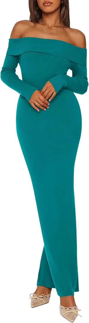 PRETTYGARDEN Women's Winter Sweater Dress Long Sleeve Off Shoulder Slit Maxi Bodycon Cocktail Party Dresses