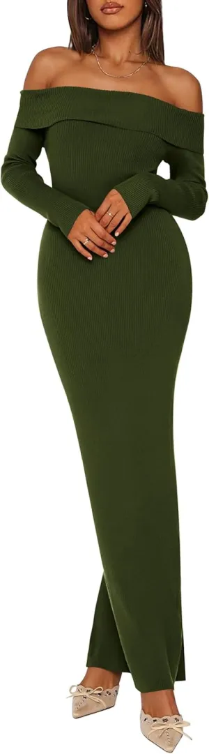 PRETTYGARDEN Women's Winter Sweater Dress Long Sleeve Off Shoulder Slit Maxi Bodycon Cocktail Party Dresses