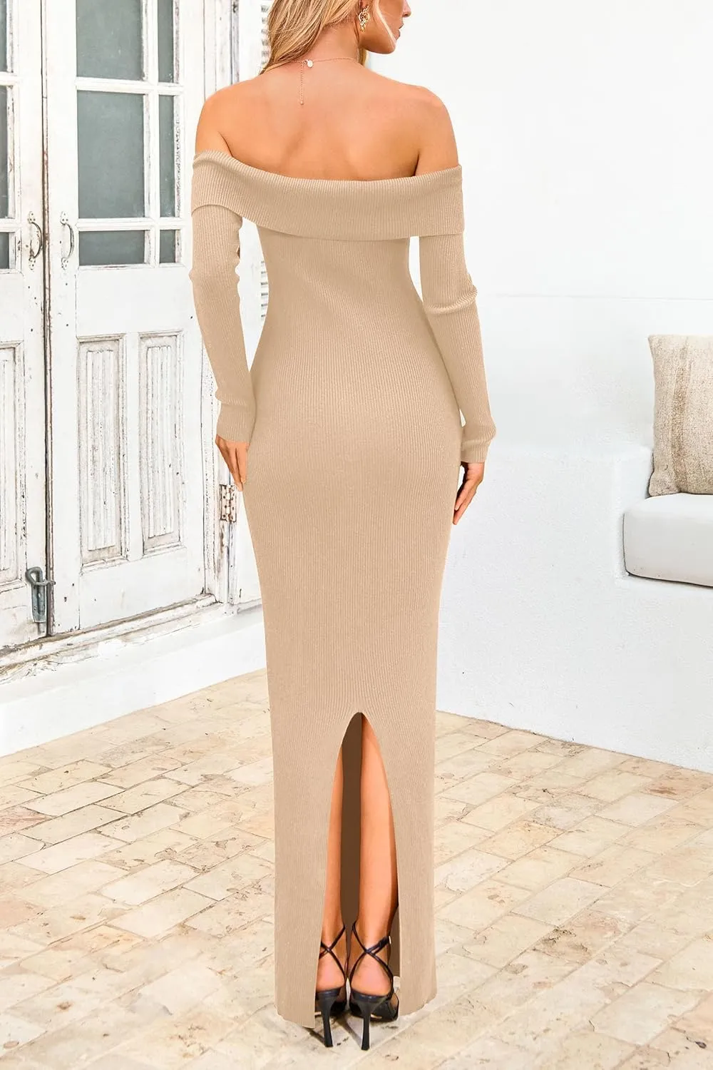 PRETTYGARDEN Women's Winter Sweater Dress Long Sleeve Off Shoulder Slit Maxi Bodycon Cocktail Party Dresses