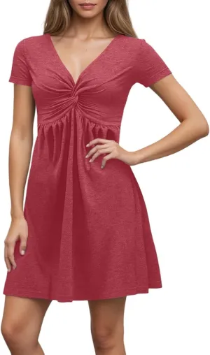 PTOLOCIF Women's Fashion Casual Short Sleeve V Neck Design Feeling Chest Knot Waist Dress Summer Outfits
