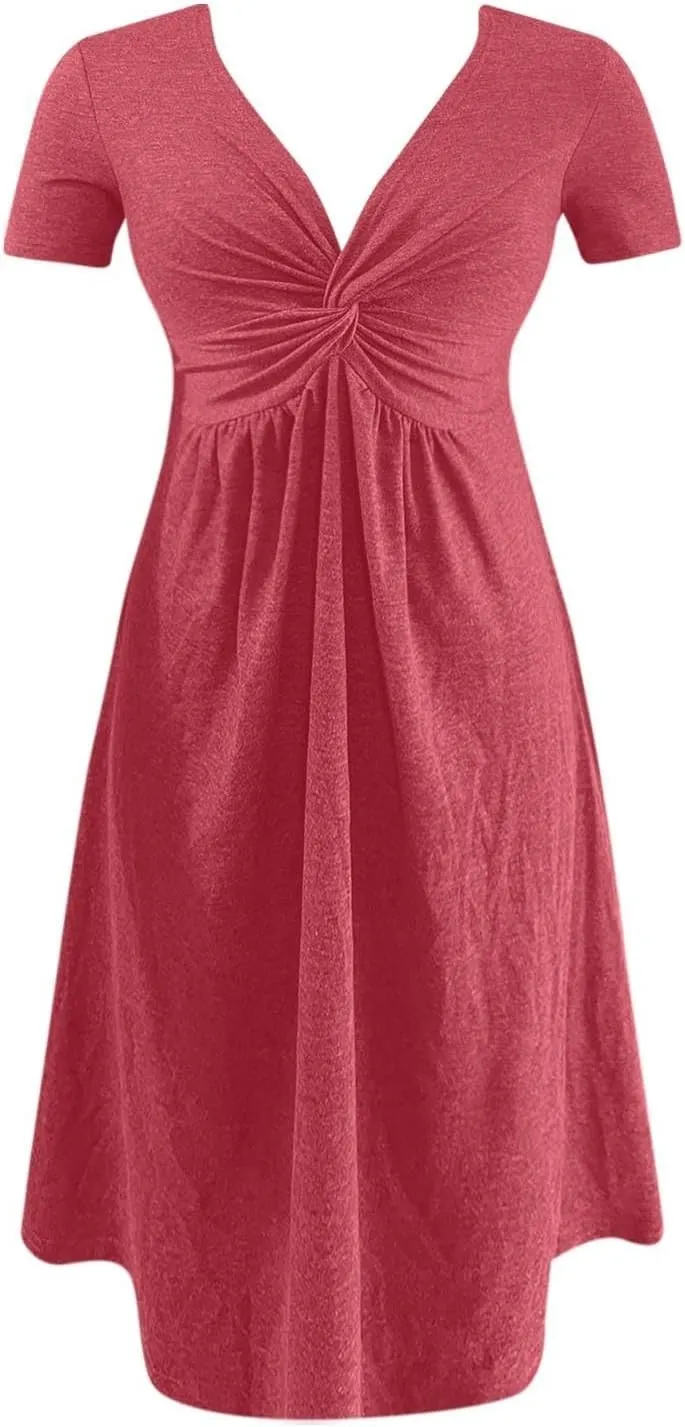 PTOLOCIF Women's Fashion Casual Short Sleeve V Neck Design Feeling Chest Knot Waist Dress Summer Outfits